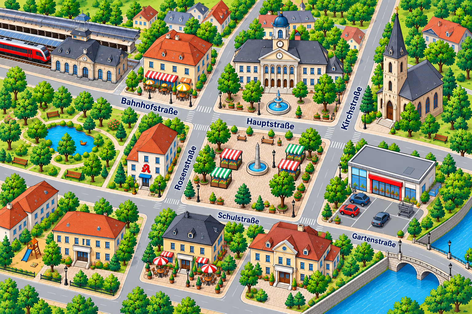 Illustrierte Stadtkarte mit Straßen, Gebäuden und verschiedenen Orten