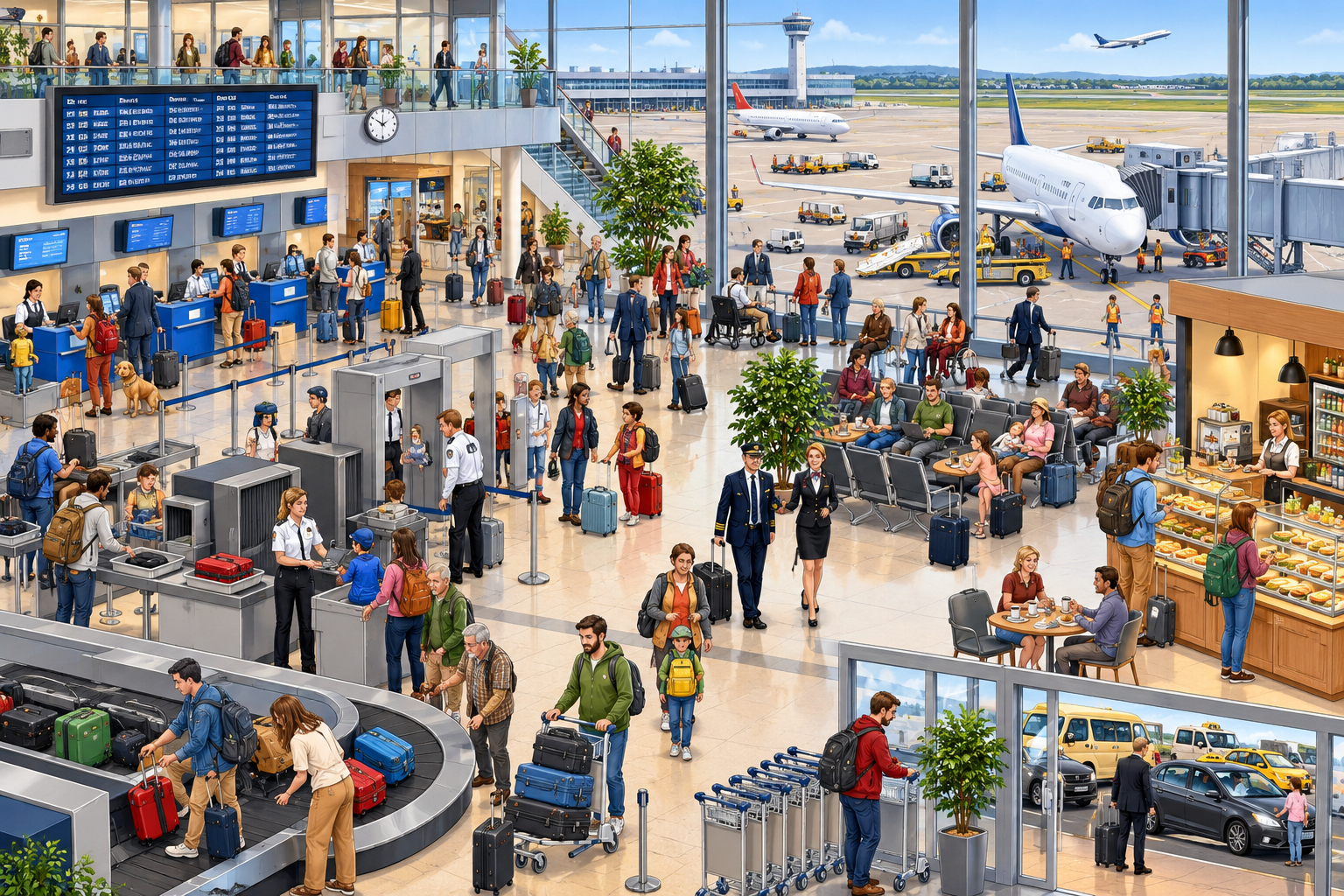 Wimmelbild mit vielen Situationen am Flughafen