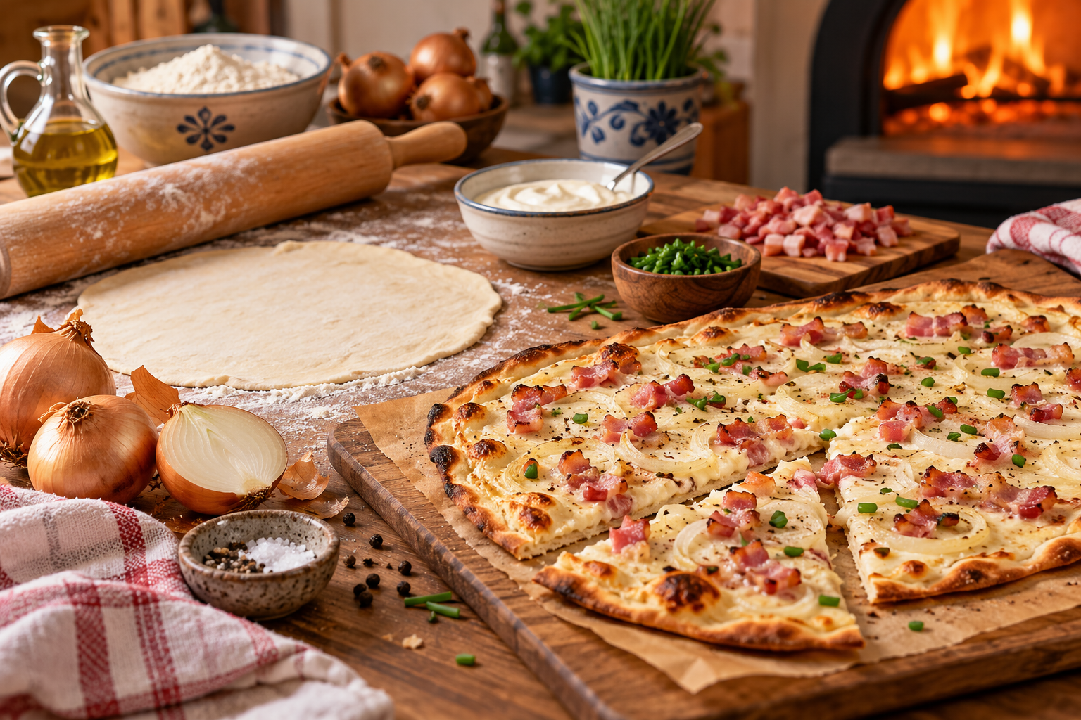 Zutaten und Küchenutensilien für einen Flammkuchen