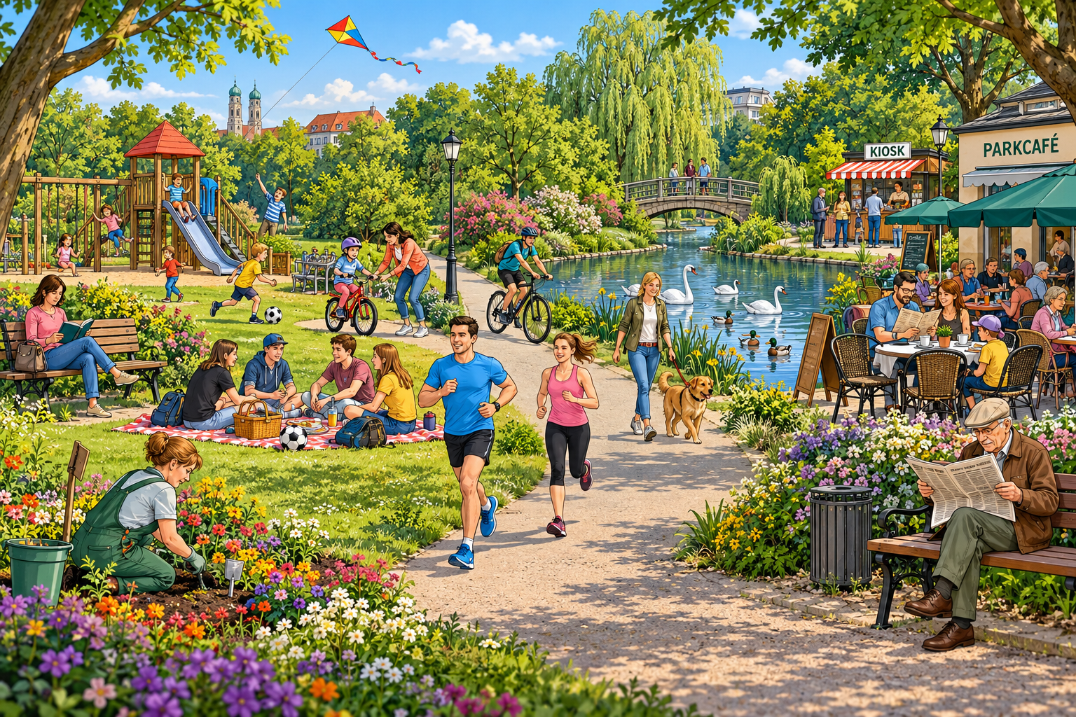 Menschen bei verschiedenen Aktivitäten in einem Stadtpark