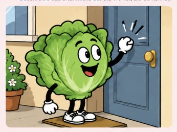 Ein grüner Salat steht vor einer Haustür und klopft an.