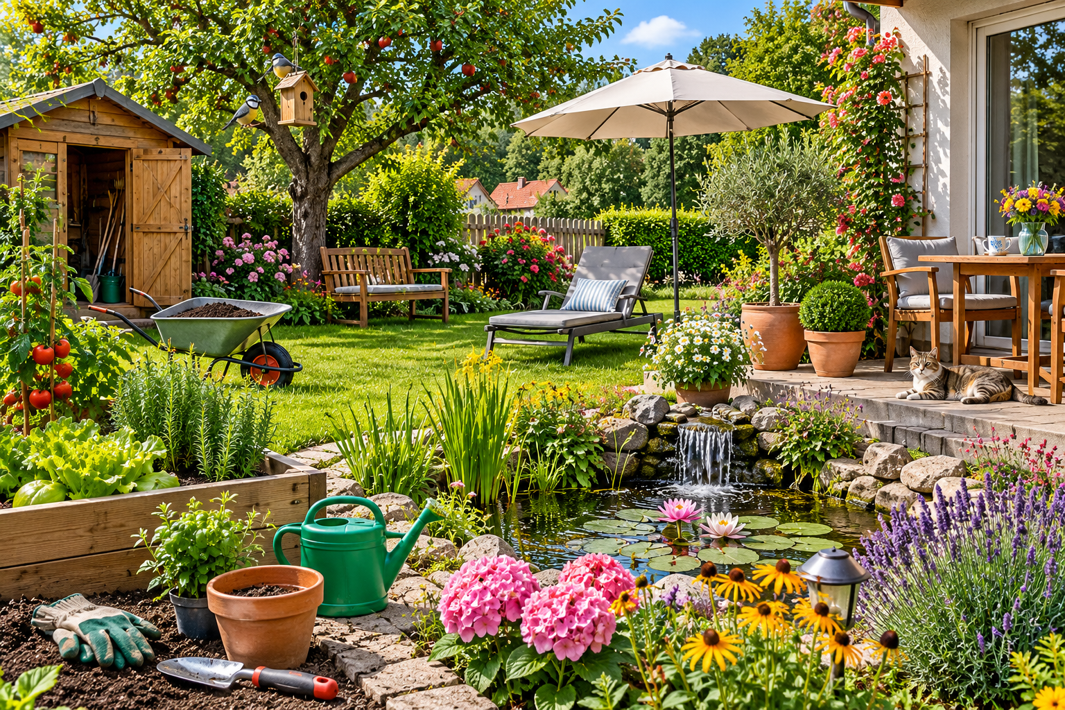 Ein schöner Garten mit Gartenhaus, Bäumen, Blumen und Teich