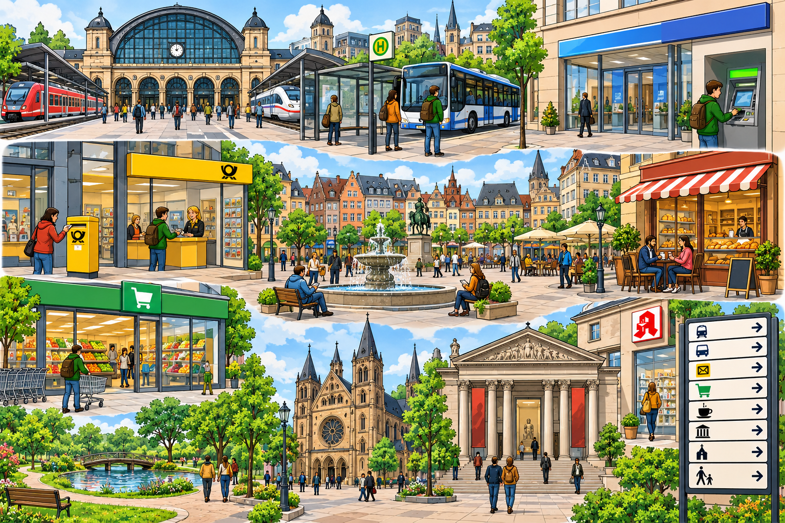 Illustration einer Stadt mit Bahnhof, Bushaltestelle, Bank, Post, Marktplatz, Bäckerei, Supermarkt, Park, Kirche, Museum, Apotheke und Hinweisschild